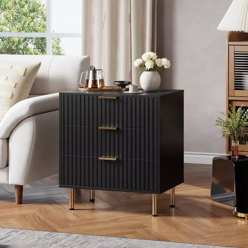 3 Drawer Dresser for Bedroom, 27W Wooden Chest of Drawers, Fluted Sofa Side Table Storage Cabinet, Dresser Narrow Nightstand for Living Room