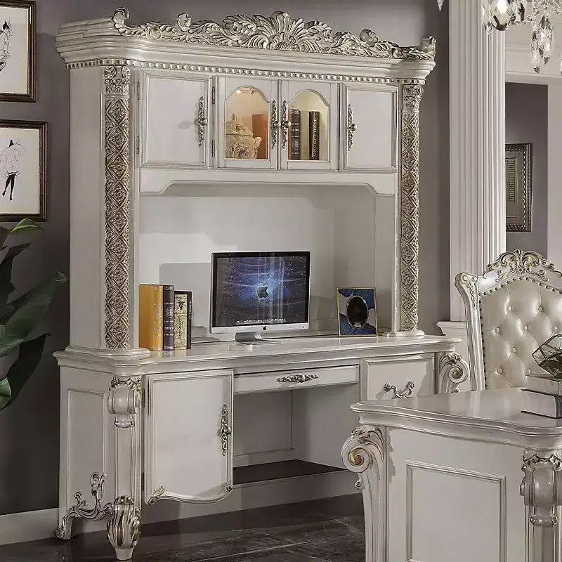 Scrivania per computer da 89" con libreria a giorno con finitura bianco anticato
