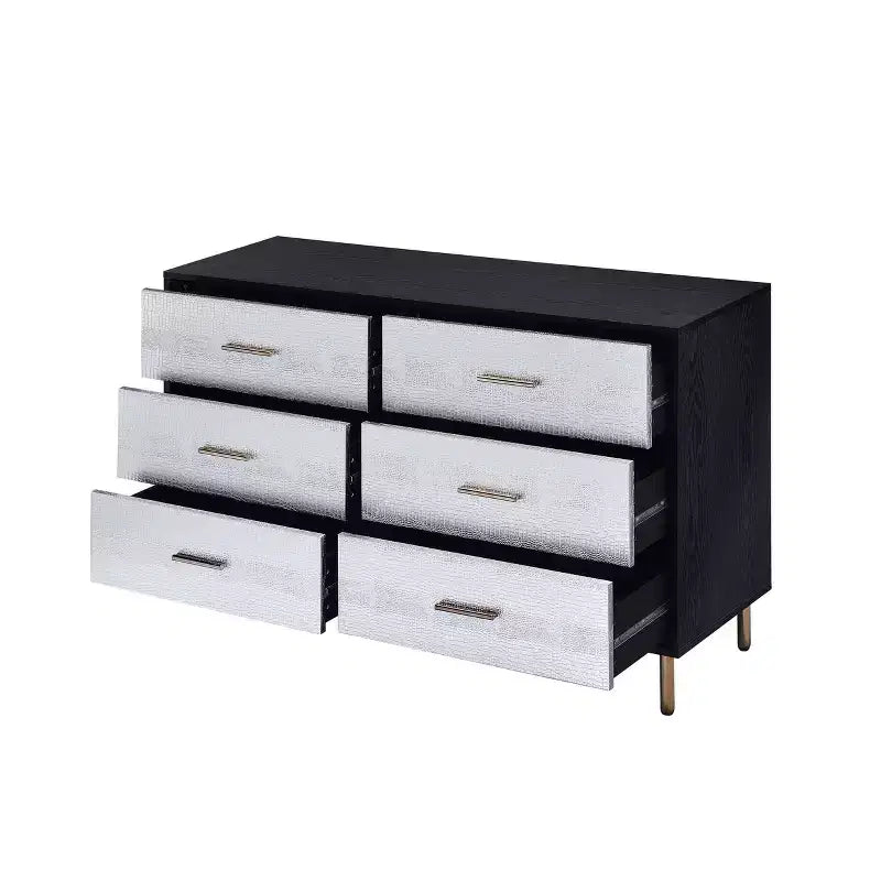 Comò a 5 cassetti da 47" in composito di legno – Finitura nera, argento e oro