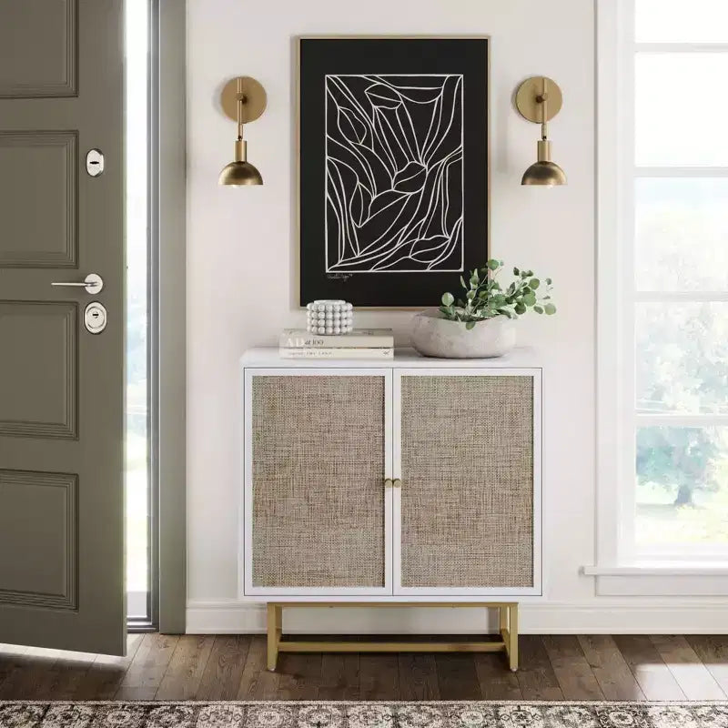 Mobile Contenitore con Ante in Rattan, Piano in Rovere e Struttura in Metallo, Altezza 81 cm