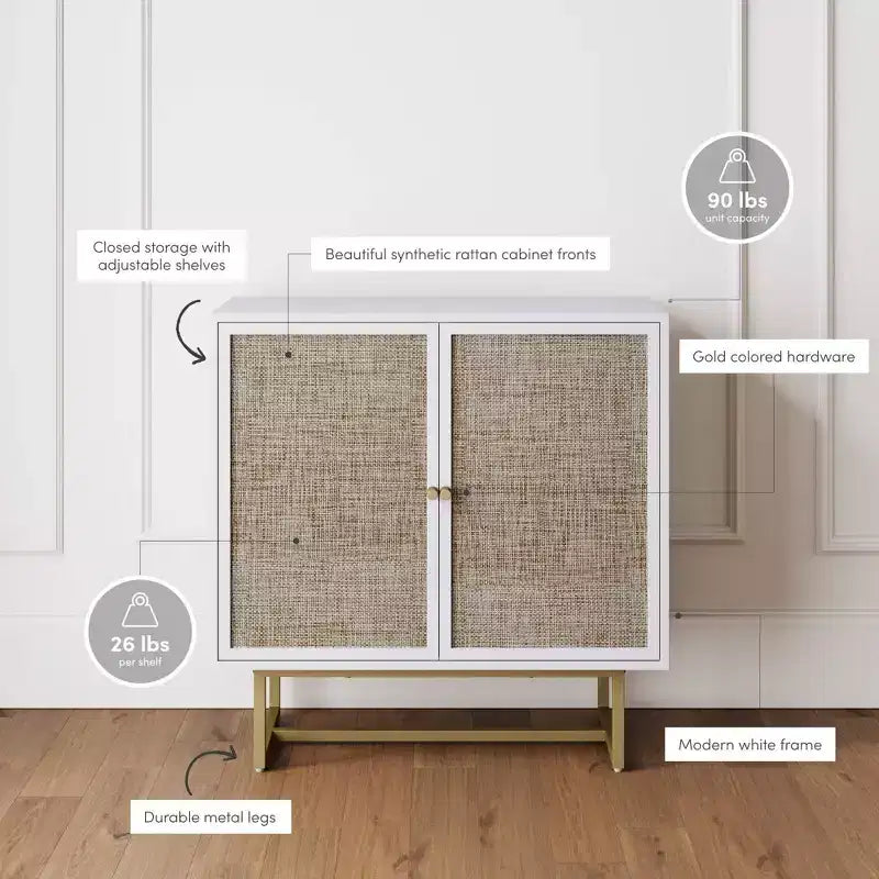 Mobile Contenitore con Ante in Rattan, Piano in Rovere e Struttura in Metallo, Altezza 81 cm