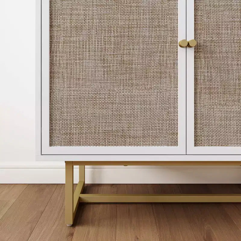 Mobile Contenitore con Ante in Rattan, Piano in Rovere e Struttura in Metallo, Altezza 81 cm