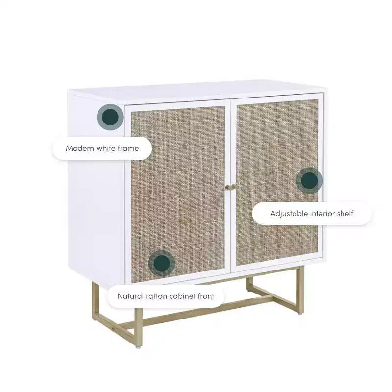 Mobile Contenitore con Ante in Rattan, Piano in Rovere e Struttura in Metallo, Altezza 81 cm