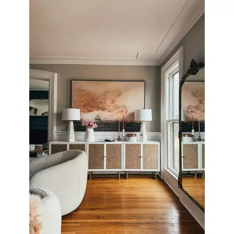 Mobile Contenitore con Ante in Rattan, Piano in Rovere e Struttura in Metallo, Altezza 81 cm