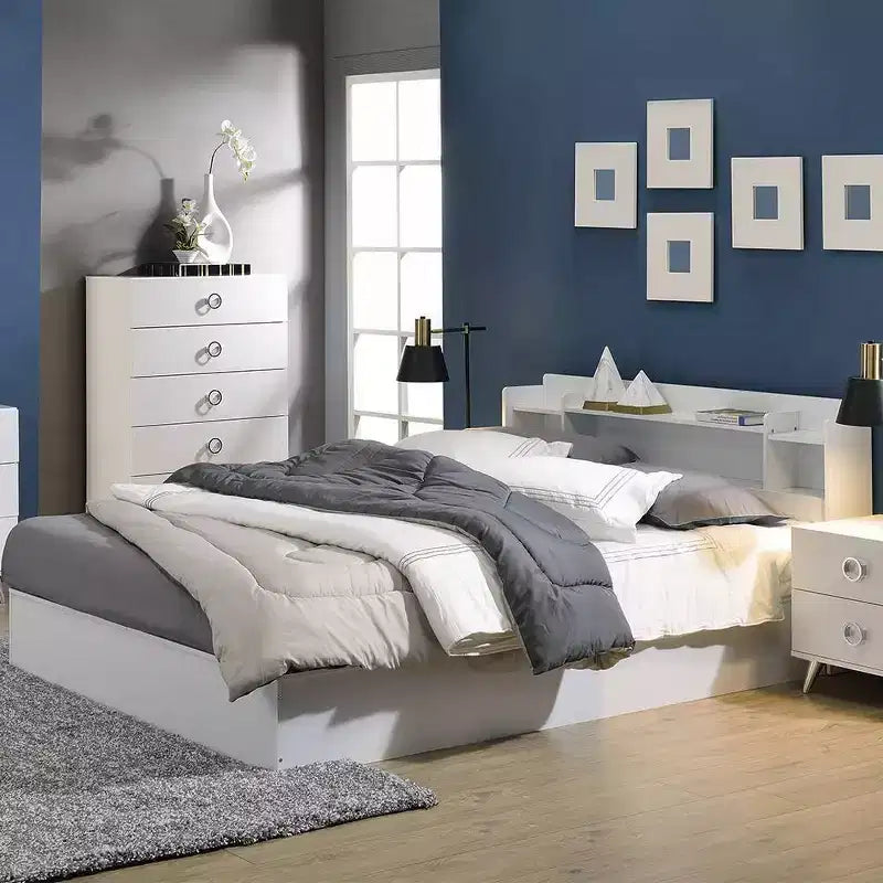 Letto matrimoniale con testiera contenitore – Finitura bianca