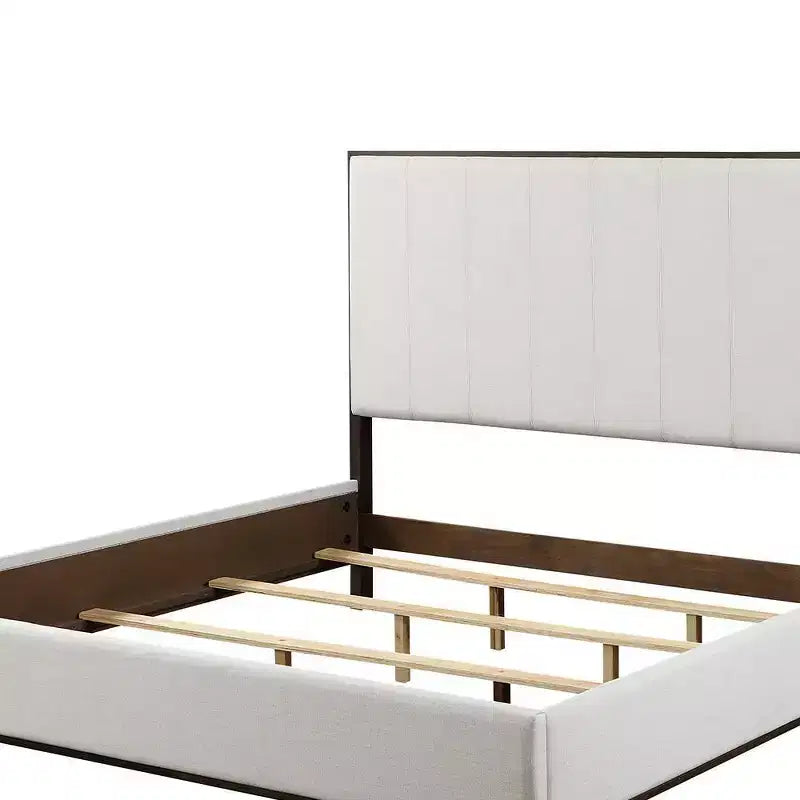 Letto a piattaforma King con testiera imbottita – Grigio chiaro, struttura in legno bicolore