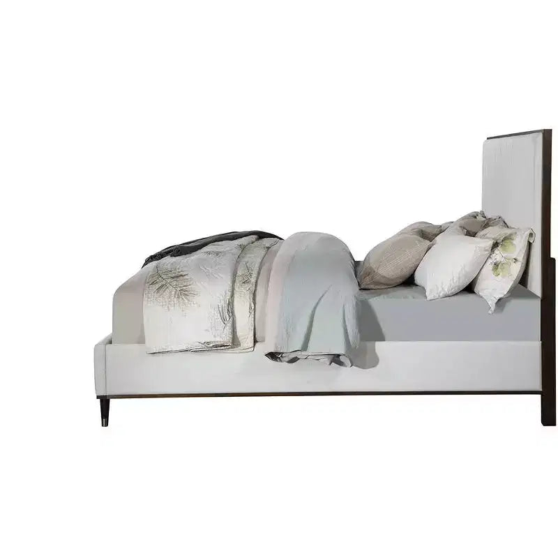 Letto a piattaforma King con testiera imbottita – Grigio chiaro, struttura in legno bicolore