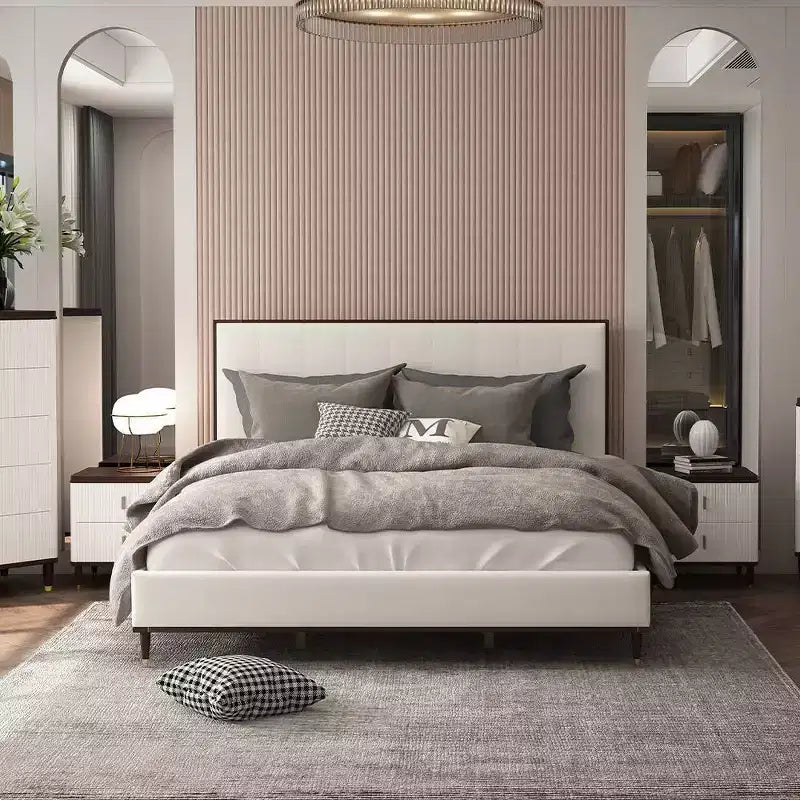 Letto a piattaforma King con testiera imbottita – Grigio chiaro, struttura in legno bicolore
