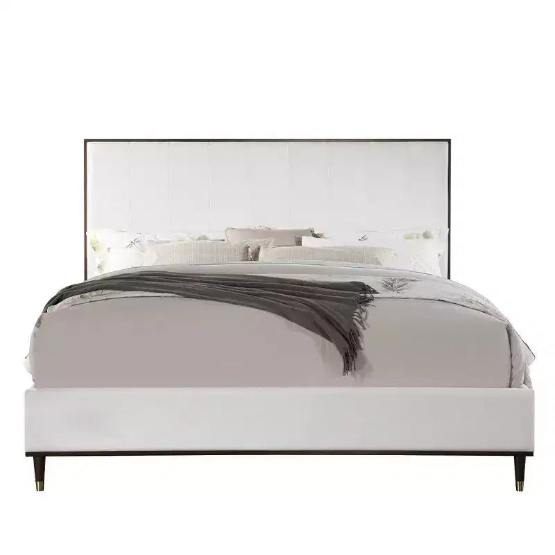 Letto a piattaforma King con testiera imbottita – Grigio chiaro, struttura in legno bicolore