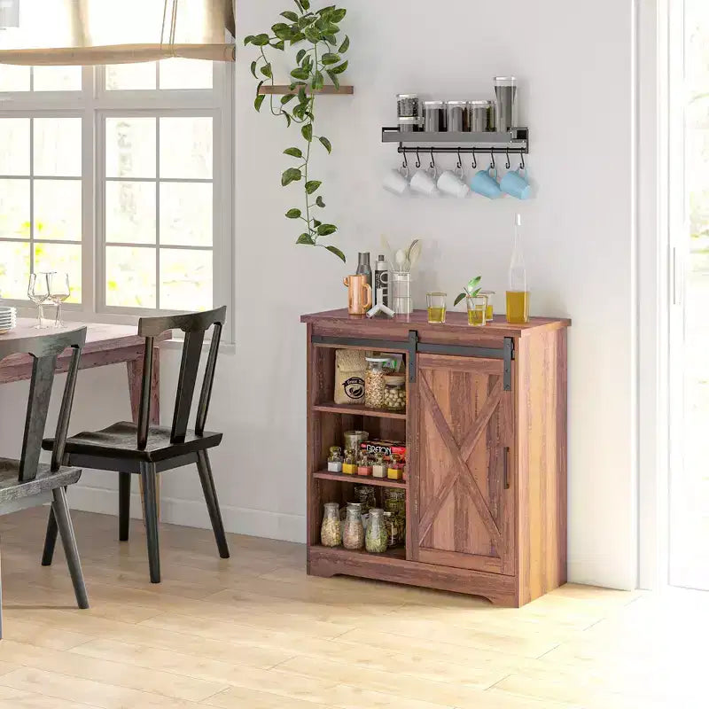 Mobile Buffet da Cucina/Bar Rustico con Anta Scorrevole a Fienile e Ripiani Regolabili, 33"