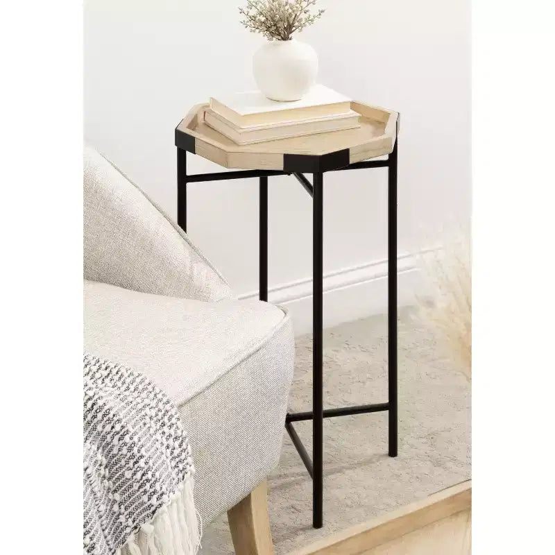 Tavolino ottagonale in legno con base in metallo, 16x14.5x24, Marrone Naturale