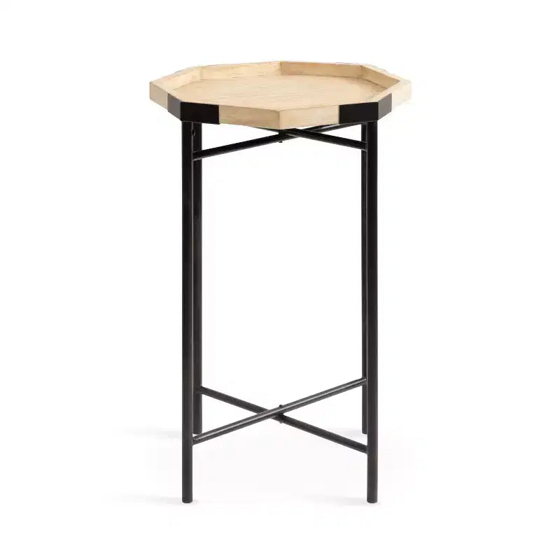 Tavolino ottagonale in legno con base in metallo, 16x14.5x24, Marrone Naturale