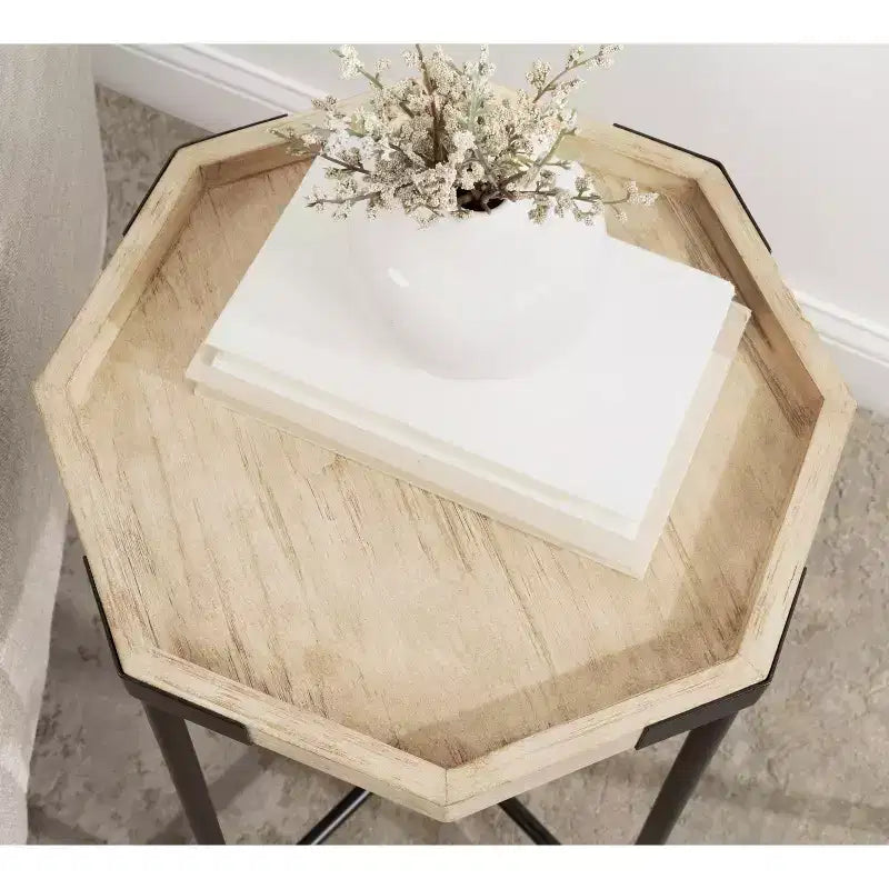 Tavolino ottagonale in legno con base in metallo, 16x14.5x24, Marrone Naturale