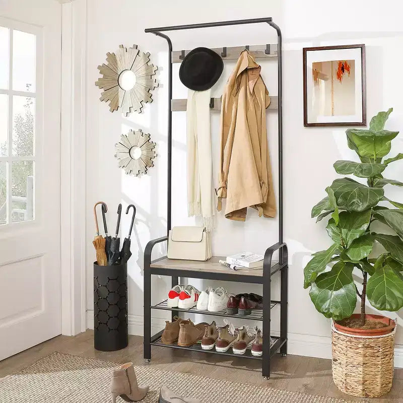 VASAGLE Coat Rack, Hall Tree with Shoe Bench Greige and Black