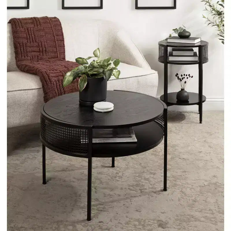 Tavolino da caffè rotondo a due ripiani con mensola in rete metallica, 26x25x18, nero