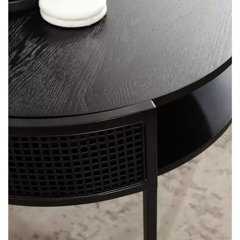 Tavolino da caffè rotondo a due ripiani con mensola in rete metallica, 26x25x18, nero